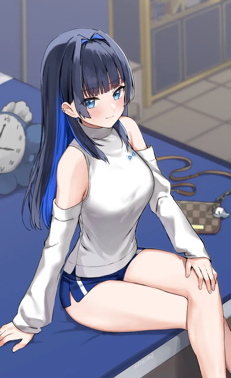 1girl bag bare_legs bare_shoulders black_hair blue_eyes blue_hair blue_shorts breasts closed_mouth crossed_legs detached_sleeves ear_piercing feet_out_of_frame hair_intakes hand_on_own_knee handbag legs long_hair long_sleeves looking_at_viewer medium_breasts micro_shorts multicolored_hair official_alternate_costume piercing shirt short_shorts shorts side_slit sitting smile solo streaked_hair thighs turtleneck two_tone_hair virtual_youtuber white_shirt kaetzchen hololive hololive_english boros__ouro_kronii kronie__ouro_kronii ouro_kronii ouro_kronii__casual