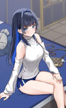 1girl bag bare_legs bare_shoulders black_hair blue_eyes blue_hair blue_shorts breasts closed_mouth crossed_legs detached_sleeves ear_piercing feet_out_of_frame hair_intakes hand_on_own_knee handbag legs long_hair long_sleeves looking_at_viewer medium_breasts micro_shorts multicolored_hair official_alternate_costume piercing shirt short_shorts shorts side_slit sitting smile solo streaked_hair thighs turtleneck two_tone_hair virtual_youtuber white_shirt kaetzchen hololive hololive_english boros__ouro_kronii kronie__ouro_kronii ouro_kronii ouro_kronii__casual