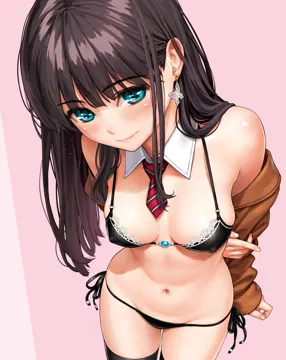 1girl aqua_eyes arms_behind_back bikini black_bra black_panties black_thighhighs bra breasts brown_hair butterfly_earrings closed_mouth comic_kairakuten cowboy_shot detached_collar earrings gem homunculus__alchemynote jewelry kuragano_yayoi long_hair long_sleeves looking_at_viewer maid maid_bikini medium_breasts navel necktie off_shoulder panties pink_background short_necktie side_tie_panties simple_background single_earring sleeves_past_wrists smile solo sweat swimsuit thighhighs unconventional_maid underwear