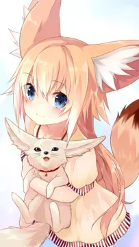 1girl animal animal_ear_fluff animal_ears blonde_hair blue_eyes blush brown_eyes closed_mouth collar cowboy_shot dress eyebrows fennec_fox fox fox_ears fox_tail gradient_background holding holding_animal long_hair looking_at_viewer open_mouth short_sleeves smile solo standing tail tareme very_long_hair whiskers yellow_dress sukemyon