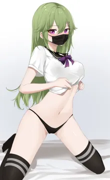 1girl alternate_costume black_panties black_thighhighs blush bow bowtie breasts clothes_lift feint721 genshin_impact green_hair hair_between_eyes hair_ornament kuki_shinobu lifting_own_clothes long_hair looking_at_viewer mask medium_breasts midriff mouth_mask navel neckerchief no_pants on_bed panties purple_bow purple_bowtie purple_eyes school_uniform serafuku shirt_lift solo stomach thighhighs thighs underwear