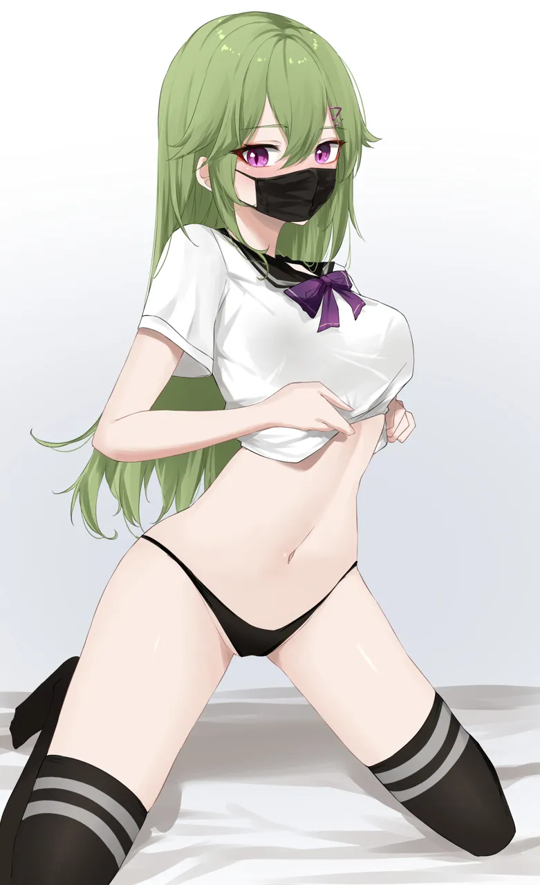1girl alternate_costume black_panties black_thighhighs blush bow bowtie breasts clothes_lift feint721 genshin_impact green_hair hair_between_eyes hair_ornament kuki_shinobu lifting_own_clothes long_hair looking_at_viewer mask medium_breasts midriff mouth_mask navel neckerchief no_pants on_bed panties purple_bow purple_bowtie purple_eyes school_uniform serafuku shirt_lift solo stomach thighhighs thighs underwear