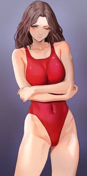 1girl alternate_costume arms_under_breasts bare_shoulders breasts brown_hair collarbone competition_swimsuit covered_navel cowboy_shot elden_ring forehead grey_eyes highleg highleg_one_piece_swimsuit light_blush lips long_hair looking_at_viewer medium_breasts melina__elden_ring one_eye_closed one_piece_swimsuit red_one_piece_swimsuit sawatari_kazuma simple_background solo standing sweatdrop swimsuit thighs
