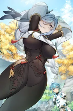 1boy 1girl aunt_and_nephew bodysuit braid breast_curtain breasts child chongyun__genshin_impact clothing_cutout covered_navel food genshin_impact grey_hair hair_over_one_eye holding holding_food holding_popsicle large_breasts long_hair looking_at_viewer low_braided_long_hair low_tied_long_hair outdoors popsicle shenhe__genshin_impact short_hair siriuflong