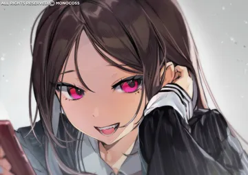 1girl adjusting_hair artist_name black_shirt brown_hair cellphone copyright_notice hair_between_eyes holding holding_phone long_hair long_sleeves looking_at_viewer open_mouth phone pink_eyes portrait shirt sidelocks smartphone solo teeth tongue tucking_hair monoco55