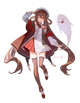 1girl black_thighhighs brown_hair chinese_clothes dated eyewear_on_head flower_shaped_pupils full_body ghost hair_between_eyes hand_up long_hair long_sleeves looking_at_viewer official_alternate_costume one_eye_closed parted_lips red_eyes round_eyewear shirt simple_background skirt solo standing symbol_shaped_pupils thighhighs very_long_hair white_background zettai_ryouiki adelie_cat genshin_impact boo_tao__genshin_impact hu_tao__cherries_snow_laden__genshin_impact hu_tao__genshin_impact