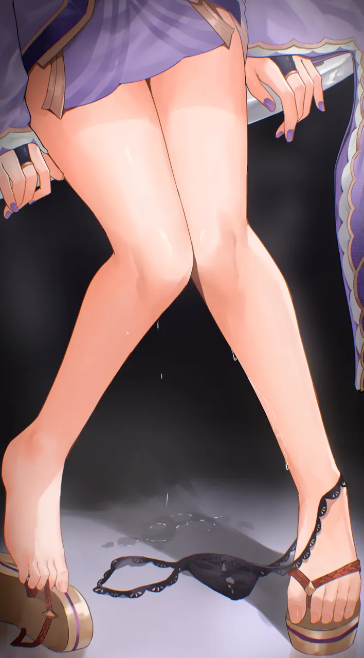 1girl ayul__ayulneri_92 bare_legs barefoot black_panties bridal_gauntlets dress feet foot_focus genshin_impact japanese_clothes knees_together_feet_apart lace_trim lace_trimmed_panties legs lower_body nail_polish panties panties_around_one_ankle panties_around_one_leg pelvic_curtain platform_footwear purple_dress purple_nails raiden_shogun sandals shoes short_dress single_sandal single_shoe sitting solo suggestive_fluid thighs toes underwear wide_sleeves
