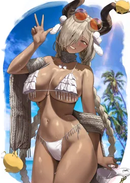 1girl asymmetrical_bangs azur_lane bikini blue_sky braid breasts dark_skin dark_skinned_female eyewear_on_head frilled_bikini frilled_bikini_top frills grin hair_over_one_eye horns kuse__0201 large_breasts long_hair manjuu__azur_lane mole mole_under_mouth navel orange_tinted_eyewear owari__azur_lane palm_tree round_eyewear scarf sideboob sky smile solo stomach sun sunglasses swimsuit tinted_eyewear tree twin_braids underboob very_long_hair white_bikini yellow_eyes