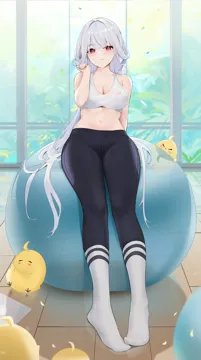 1girl adjusting_hair azur_lane ball black_pants blush breasts cleavage collarbone crop_top exercise_ball feet full_body grey_hair groin hair_flowing_over hair_spread_out hand_in_own_hair indoors large_breasts legs long_hair looking_at_viewer manjuu__azur_lane marseillaise__azur_lane marseillaise__fighting_angel_s_regimen__azur_lane navel no_shoes official_alternate_costume pants qing_wu red_eyes sitting smile socks solo sports_bra stomach sweat sweaty_clothes toes very_long_hair white_socks white_sports_bra wooden_floor yoga_pants