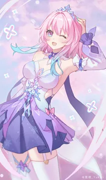 1girl arm_up armpits artist_name bare_shoulders blue_dress blue_eyes blurry breasts cleavage colored_tips cowboy_shot depth_of_field detached_sleeves dress garter_straps halter_dress halterneck hand_on_own_head layered_dress long_sleeves looking_at_viewer medium_breasts medium_hair multicolored_dress multicolored_eyes multicolored_hair multicolored_sleeves official_alternate_costume one_eye_closed open_mouth pink_eyes pink_hair purple_dress purple_sleeves short_dress sideless_outfit smile solo thighhighs tiara two_tone_dress two_tone_eyes white_sleeves white_thighhighs zettai_ryouiki yukiri__l_ii honkai__star_rail honkai__series march_7th__honkai__star_rail march_7th__nascent_spring__honkai__star_rail