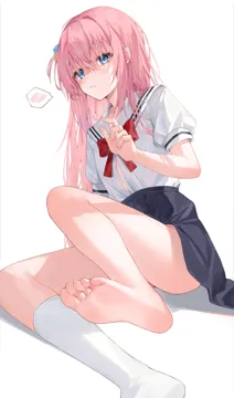 1girl barefoot black_skirt blue_eyes bocchi_the_rock bow bowtie closed_mouth cube_hair_ornament feet foot_focus foot_out_of_frame foreshortening gotoh_hitori hair_between_eyes hair_ornament hand_up high_waist_skirt legs light_blush long_hair looking_at_viewer looking_down no_shoes one_side_up pink_hair presenting_foot puffy_short_sleeves puffy_sleeves red_bow red_bowtie sailor_collar school_uniform serafuku shirt short_sleeves simple_background single_bare_leg single_sock sitting skirt socks soles solo spoken_blush thighs toenails toes white_background white_sailor_collar white_shirt white_socks xiao_lin_jiu
