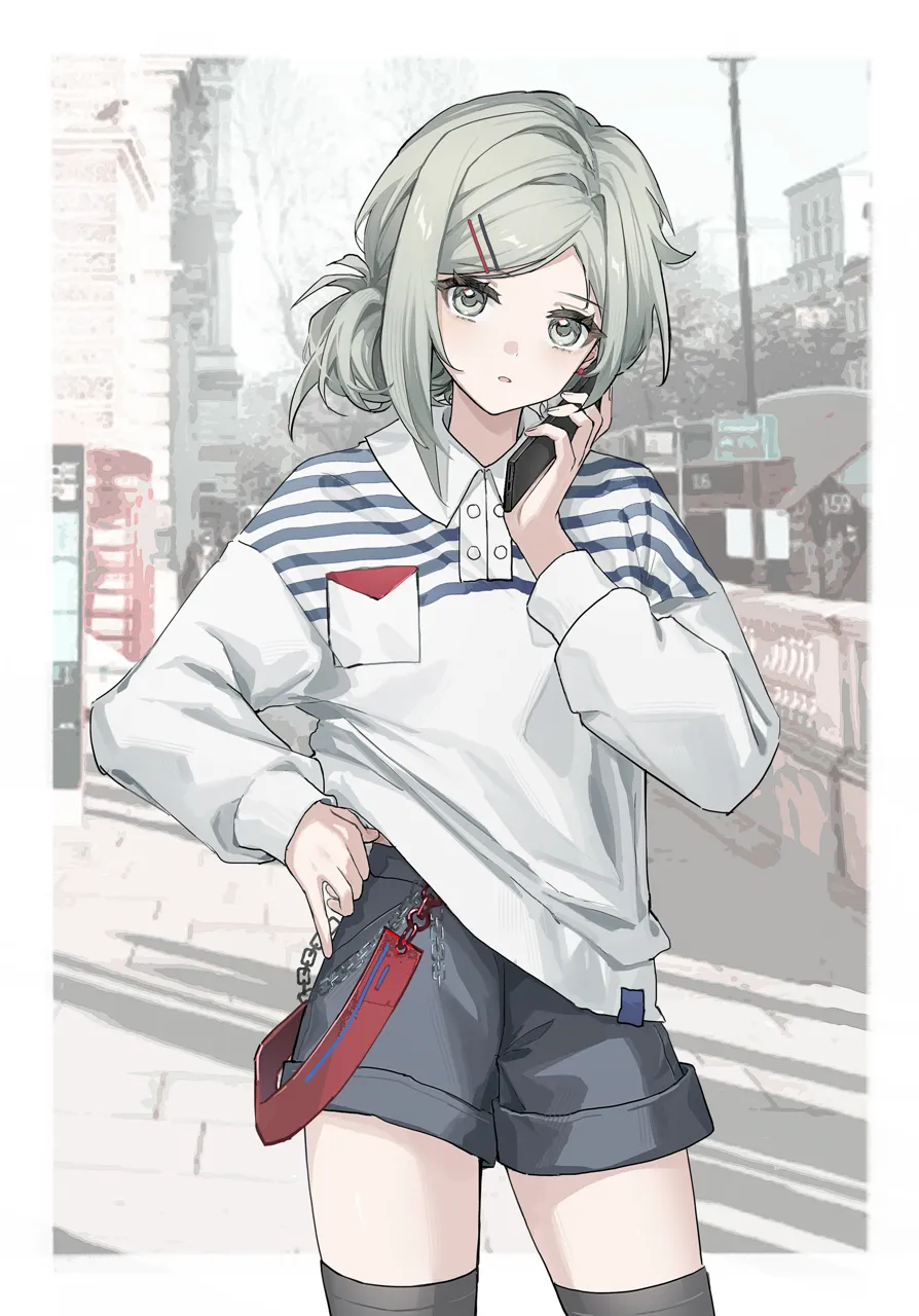 1girl black_shorts border casual cellphone chain collared_shirt contrapposto cowboy_shot expressionless grey_eyes grey_hair hair_bun hair_ornament hairclip hand_on_own_hip holding holding_phone looking_at_viewer outdoors outside_border parted_lips phone shirt shorts solo talking_on_phone white_border yukiri__l_ii reverse_1999 vertin__reverse_1999