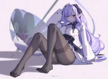 1girl ahoge arm_support artist_name ascot black_bow black_bowtie black_nails black_pantyhose black_skirt blurry blurry_background bow bowtie breasts center_frills closed_mouth feet film_grain frills hair_bow hand_on_own_head high_waist_skirt large_breasts long_hair long_sleeves multicolored_hair nail_polish no_shoes one_eye_closed overskirt pantyhose parasol patterned_legwear pointy_ears purple_ascot purple_bow purple_bowtie purple_hair red_eyes sidelocks sitting skirt solo streaked_hair toes umbrella very_long_hair shellvi zenless_zone_zero vivian__zenless_zone_zero