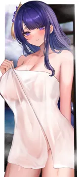 1girl alternate_costume arm_behind_back bare_arms bare_shoulders blurry blurry_background border braid breasts cleavage closed_mouth collarbone covered_navel cowboy_shot efuri__riarea00 flower genshin_impact groin hair_behind_ear hair_flower hair_ornament hand_up holding large_breasts long_hair looking_at_viewer low_braided_long_hair low_tied_long_hair naked_towel purple_eyes purple_flower purple_hair raiden_shogun see_through_clothes sidelocks single_braid smile solo swept_bangs thighs towel wet white_border