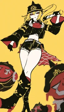 1girl animal baseball_bat baseball_cap black_boots black_gloves black_shirt blonde_hair boar boots breasts clothed_animal combat_helmet crop_top gloves hair_between_eyes hat helmet high_heel_boots high_heels holding holding_baseball_bat holding_weapon jacket long_hair long_sleeves looking_at_viewer mask mask_around_neck midriff over_shoulder parted_lips pickelhaube red_eyes shirt short_shorts shorts torn_clothes weapon weapon_over_shoulder yellow_background sanshoku_dango__shukosuko zenless_zone_zero luciana_de_montefio__zenless_zone_zero