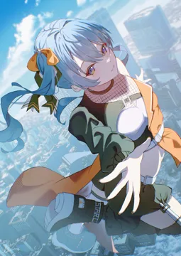 1girl belt black_shoes blue_eyes blue_hair blue_sky bow building city cityscape cloud cropped_jacket fishnet_top fishnets foot_out_of_frame green_jacket green_shirt hair_bow jacket light_blue_hair light_smile long_hair looking_at_viewer looking_back midriff multicolored_jacket multiple_belts one_side_up orange_jacket outdoors outstretched_arms scenery shirt shoes shorts sidelocks sky skyscraper smile sneakers spread_arms star__symbol star_in_eye symbol_shaped_pupils symbol_in_eye two_tone_jacket virtual_youtuber white_belt white_shirt yellow_bow maria_onnette hololive hoshimachi_suisei__hololive