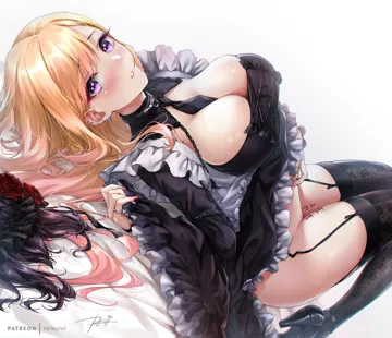 1girl black_footwear black_necktie black_thighhighs blonde_hair blush body_writing breasts chain chain_leash cleavage cosplay ear_piercing frills garter_straps hair_spread_out high_heels jewelry kitagawa_marin kuroe_shizuku kuroe_shizuku__cosplay large_breasts leash long_hair long_sleeves looking_at_viewer lying nail_polish necktie no_panties on_back parted_lips piercing pink_nails purple_eyes rei_kun ring solo sono_bisque_doll_wa_koi_wo_suru tally teeth thighhighs thighs unworn_wig very_long_hair wig