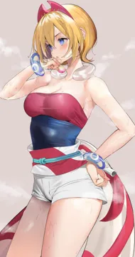 1girl armpits bare_arms bare_shoulders blonde_hair blue_eyes blush breasts cleavage contrapposto cowboy_shot dripping grey_background hair_ornament hairband hand_on_own_chin hand_on_own_hip high_waist_shorts irida__pokemon jewelry looking_ahead marushin__denwa0214 medium_breasts neck_ring parted_lips pokemon pokemon_legends__arceus red_hairband shirt short_hair short_shorts shorts simple_background solo stained_clothes steam steaming_body strapless strapless_shirt sweat sweaty_clothes thighs wet wet_hair white_shorts wiping_sweat