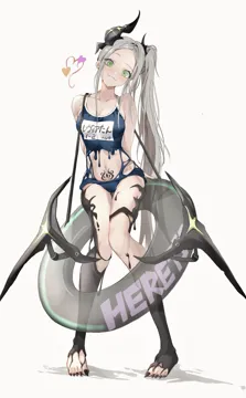1girl alternate_costume alternate_hairstyle black_horns black_liquid black_nails breasts fangs forehead green_eyes grey_hair horns liquid_clothes long_hair looking_at_viewer pubic_tattoo side_ponytail small_breasts swimsuit tattoo very_long_hair pinjirooo goddess_of_victory__nikke leviathan__nikke__goddess_of_victory__nikke