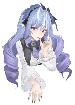 1girl black_nails blush breasts brooch closed_mouth collared_shirt cropped_torso drill_hair finger_to_mouth hair_ribbon jewelry long_hair long_sleeves looking_at_viewer medium_breasts multicolored_hair nail_polish pointy_ears purple_hair red_eyes ribbon shirt simple_background smile solo streaked_hair tongue tongue_out twin_drills white_background white_shirt angel_no_shousou zenless_zone_zero vivian_banshee__zenless_zone_zero