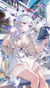 1girl alternate_costume black_choker blue_archive book bracelet breasts choker collarbone day falling_petals floating_hair flower halo himari__blue_archive holding holding_book houkisei jewelry leaf long_hair necklace outdoors parted_lips petals pink_flower pink_nails pink_rose pointy_ears purple_eyes railing reading rose shirt sitting skirt small_breasts solo thighs very_long_hair wavy_hair white_hair white_skirt