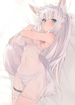 1girl ahoge animal_ear_fluff animal_ears bare_shoulders bed_sheet black_straps blush braid breasts closed_mouth cowboy_shot dress extra_ears fox_ears fox_girl fox_tail french_braid frilled_dress frills hair_between_eyes high_ponytail holding_own_tail long_hair looking_at_viewer lying medium_breasts nightgown on_back panties ponytail see_through_clothes shiro_youduki sideboob solo tail thigh_strap underwear white_hair white_panties