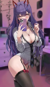 1girl akuma_nihmune akuma_nihmune__1st_costume belt_collar black_necktie black_thighhighs blunt_bangs blurry blurry_background blush bow breasts cellphone cleavage collar collared_shirt covered_mouth cowboy_shot demon_horns depth_of_field ear_piercing eyelashes eyes_visible_through_hair fingernails garter_straps gem gyaru hair_ornament hair_over_one_eye hairclip hand_in_own_hair hands_up highleg highleg_panties holding holding_leash holding_phone horns indie_virtual_youtuber indoors iphone jewelry kogal lace_trim lace_trimmed_legwear large_breasts leash long_eyelashes long_fingernails long_hair long_sleeves looking_at_viewer loose_necktie maenoo mole mole_under_eye necklace necktie no_pants open_clothes open_shirt panties phone piercing pink_eyes pink_nails plaid_clothes plaid_necktie purple_hair raised_eyebrows red_bow red_horns red_nails red_panties school_uniform selfie shirt skindentation smartphone solo standing straight_hair thighhighs thighs twirling_hair twisted_torso unbuttoned underwear virtual_youtuber white_shirt
