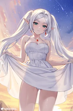 1girl ass_visible_through_thighs bare_arms bare_shoulders blue_eyes breasts cleavage cowboy_shot dress earrings elf frieren head_tilt helloimtea jewelry long_hair looking_at_viewer medium_breasts outdoors panties pointy_ears see_through_silhouette skirt_hold sleeveless sleeveless_dress solo sousou_no_frieren spaghetti_strap standing thighs twintails underwear very_long_hair white_dress white_hair white_panties