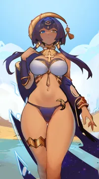 1girl ancient_egyptian ancient_egyptian_clothes ass_visible_through_thighs bare_legs bikini blue_eyes blue_hair breasts candace__genshin_impact dark_skin dark_skinned_female distr expressionless eye_of_horus genshin_impact hair_ornament heterochromia jewelry legs looking_at_viewer navel outdoors sand short_hair_with_long_locks sidelocks sky solo standing stomach swimsuit thigh_gap thighlet thighs wide_hips yellow_eyes