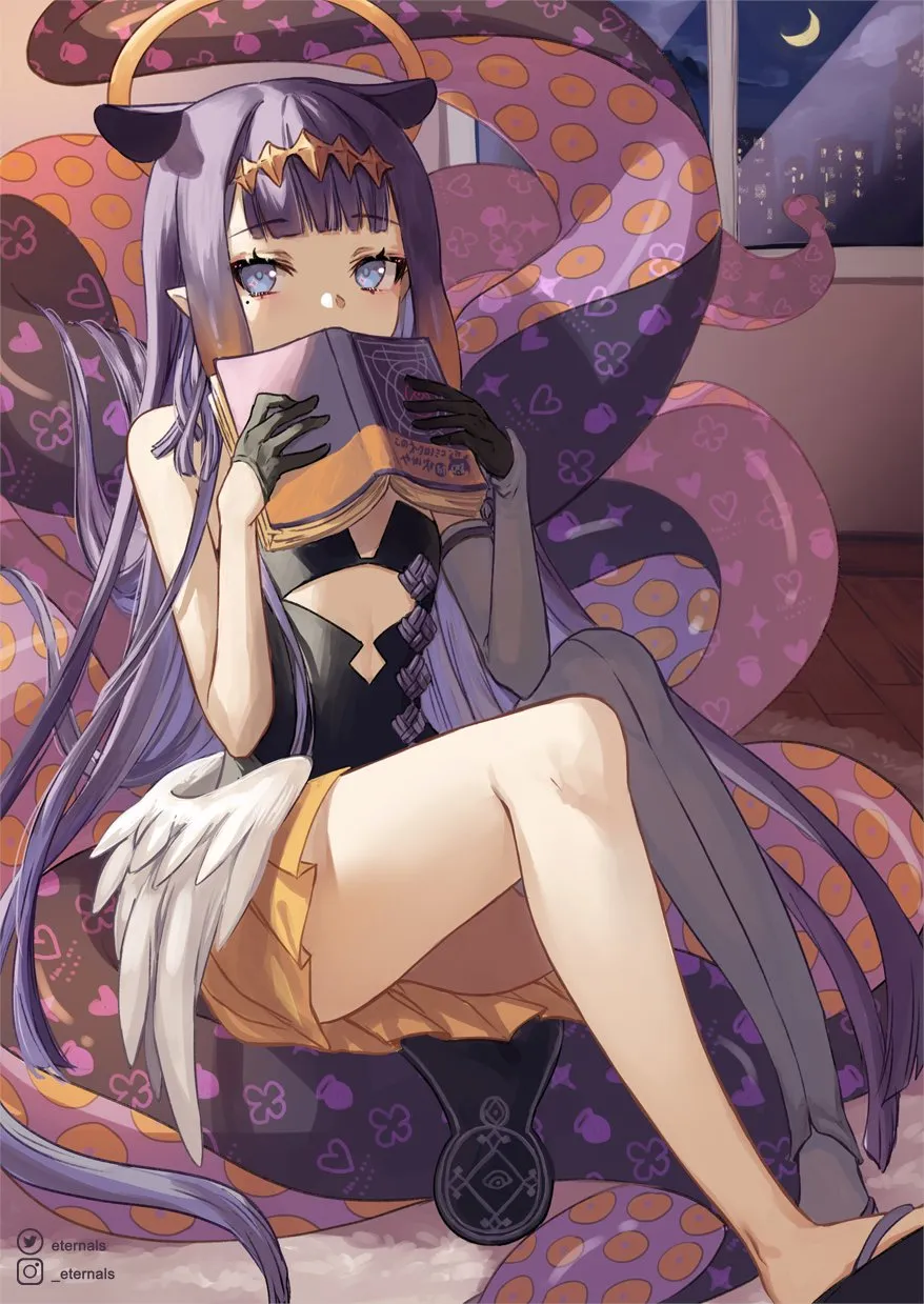 1girl animal_ears asymmetrical_legwear asymmetrical_sleeves black_gloves blue_eyes blunt_bangs blunt_ends book book_to_mouth breasts cleavage cloud cloudy_sky crescent detached_sleeves diamond_hairband flat_chest gloves gradient_hair half_gloves halo holding holding_book indoors instagram_username legs long_hair looking_at_viewer mole mole_under_eye multicolored_hair night orange_hair pointy_ears purple_hair sandals sidelocks sigil sitting sitting_on_tentacle skirt sky skyline solo tentacle_chair tentacle_hair thighhighs twitter_username uneven_legwear uneven_sleeves very_long_hair virtual_youtuber white_sleeves white_thighhighs window wooden_floor yellow_skirt ten_chan__eternal_s hololive ao_chan__ninomae_ina_nis__hololive ninomae_ina_nis__hololive ninomae_ina_nis__1st_costume__hololive