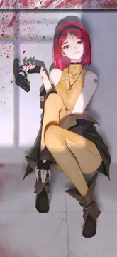1girl barcode barcode_tattoo bare_shoulders between_legs black_boots black_choker black_gloves black_hairband blood blood_on_hands blood_on_weapon blood_splatter bob_cut boots breasts choker closed_mouth covered_collarbone crack cracked_floor crop_top evil_smile eyebrows_hidden_by_hair fingerless_gloves full_body gloves gun hairband hand_between_legs hand_on_own_foot hand_up handgun head_tilt holding holding_gun holding_weapon jewelry looking_at_viewer medium_breasts medium_hair midriff_peek necklace pants parted_bangs qr_code red_eyes red_hair shadow sitting smile solo tattoo taut_clothes weapon yellow_pants midfinger