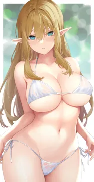 1girl anza_tomo bare_shoulders bikini blonde_hair blue_eyes blush breasts cleavage collarbone elf large_breasts long_hair looking_at_viewer navel pointy_ears sidelocks solo swimsuit thighs white_bikini wide_hips