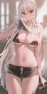 1girl bare_arms bare_shoulders bikini black_bikini black_shorts bottle breasts breath camisole cleavage clothes_lift cowboy_shot crop_top dolphin_shorts hair_between_eyes hand_up holding holding_bottle large_breasts lifting_own_clothes long_hair looking_at_viewer ludaf midriff navel parted_lips red_eyes shirt shirt_lift short_shorts shorts sleeveless sleeveless_shirt solo spaghetti_strap standing stomach string_bikini sweat swimsuit thigh_gap thighs v_shaped_eyebrows very_long_hair water_bottle white_hair white_shirt