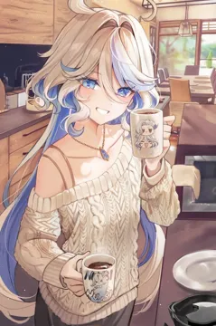 1girl ahoge alternate_costume bare_shoulders blue_eyes blue_hair character_print collarbone colored_inner_hair cup dasha drop_shaped_pupils eyelash_ornament furina__genshin_impact furrowed_brow genshin_impact hair_between_eyes hair_intakes hands_up heterochromia holding holding_cup indoors jewelry long_hair long_sleeves looking_at_viewer mismatched_pupils multicolored_hair necklace neuvillette__genshin_impact off_shoulder off_shoulder_sweater smile streaked_hair sweater swept_bangs symbol_shaped_pupils white_hair white_sweater