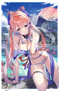 1girl bare_shoulders bikini blue_bikini blush breasts cleavage detached_collar genshin_impact long_hair looking_at_viewer medium_breasts outdoors pink_hair ponytail purple_eyes sangonomiya_kokomi scottie__phantom2 sidelocks solo swimsuit very_long_hair vision__genshin_impact