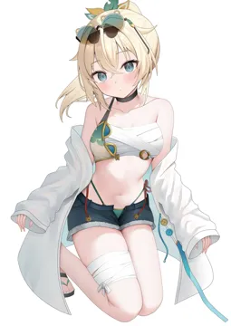 1girl adapted_costume bikini bikini_under_clothes black_choker blonde_hair blue_eyes blue_shorts blush breasts chest_sarashi choker cleavage green_bikini jacket long_hair looking_at_viewer navel open_fly ponytail sarashi shorts small_breasts solo swimsuit thighs virtual_youtuber white_jacket koba__kobako42 hololive kazama_iroha__hololive kazama_iroha__1st_costume__hololive