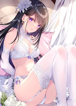1girl arms_behind_back black_hair bra breasts cuffs cushion earrings elbow_gloves flower flower_bra flower_earrings flower_panties garter_belt gloves hair_behind_ear hair_flower hair_ornament handcuffs head_wreath jewelry knees_up kobayashi_chisato lace_collar lace_trim lace_trimmed_bra lace_trimmed_gloves lace_trimmed_legwear legs_together lingerie long_hair looking_at_viewer medium_breasts navel open_mouth panties purple_eyes reclining sitting solo strappy_heels thighhighs thighs underwear white_bra white_garter_belt white_gloves white_panties white_thighhighs