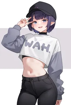1girl alternate_costume arm_up ass_visible_through_thighs baseball_cap black_choker black_hat black_pants blue_eyes bluefield blush choker clothes_writing contrapposto cowboy_shot cropped_shirt denim fang grey_background grey_shirt hat hololive hololive_english jeans long_sleeves looking_at_viewer midriff mole mole_under_eye navel ninomae_ina_nis pants pointy_ears purple_hair shirt short_hair smile solo two_tone_background two_tone_shirt virtual_youtuber wah white_background white_shirt