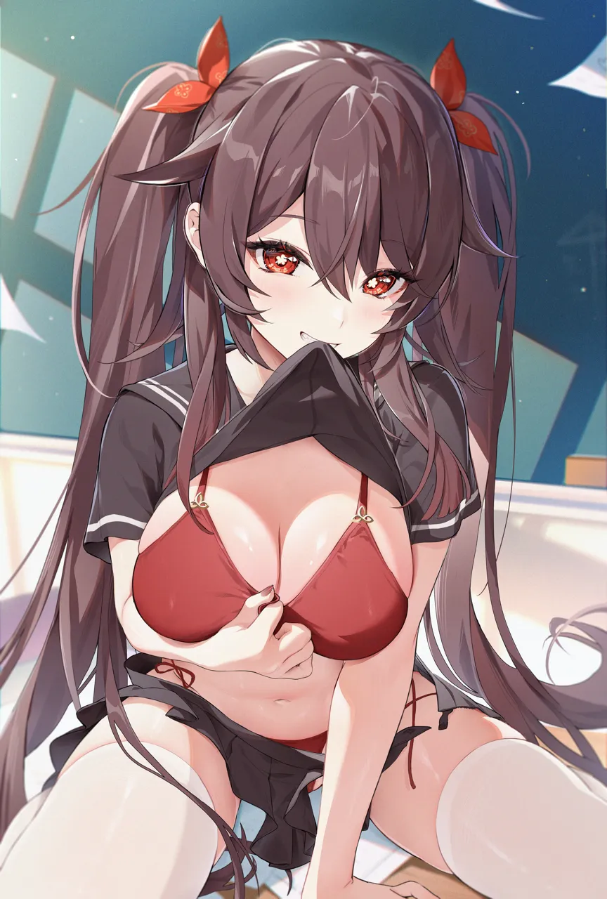 1girl alternate_breast_size arm_support bikini black_serafuku black_skirt blush bra breasts brown_hair cleavage clothes_in_mouth clothes_lift cowboy_shot flower_shaped_pupils genshin_impact grin hair_ribbon houkisei hu_tao__genshin_impact lifting_own_clothes long_hair medium_breasts mouth_hold navel panties red_bikini red_bra red_eyes red_panties red_ribbon ribbon school_uniform serafuku shirt_lift short_sleeves sidelocks sitting skirt smile solo swimsuit symbol_shaped_pupils teeth_hold thighhighs thighs twintails underwear white_thighhighs