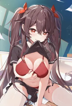 1girl alternate_breast_size arm_support bikini black_serafuku black_skirt blush bra breasts brown_hair cleavage clothes_in_mouth clothes_lift cowboy_shot flower_shaped_pupils genshin_impact grin hair_ribbon houkisei hu_tao__genshin_impact lifting_own_clothes long_hair medium_breasts mouth_hold navel panties red_bikini red_bra red_eyes red_panties red_ribbon ribbon school_uniform serafuku shirt_lift short_sleeves sidelocks sitting skirt smile solo swimsuit symbol_shaped_pupils teeth_hold thighhighs thighs twintails underwear white_thighhighs