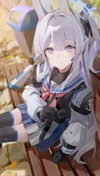 1girl animal_ears bench black_gloves blue_serafuku blue_skirt blush closed_mouth fake_animal_ears gloves grey_hair halo knee_pads long_hair long_sleeves looking_at_viewer one_side_up pleated_skirt purple_eyes rabbit_ears sailor_collar school_uniform serafuku sitting skirt smile solo two_tone_skirt white_sailor_collar white_skirt flatshi blue_archive miyako__blue_archive