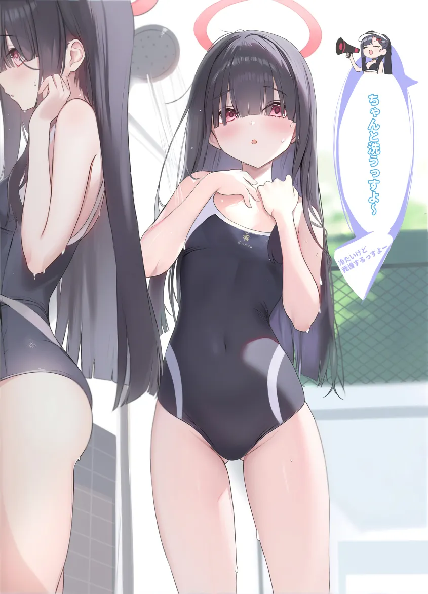 3girls bare_shoulders black_hair black_one_piece_swimsuit blush breasts competition_school_swimsuit covered_navel hair_over_eyes halo holding holding_megaphone long_hair megaphone multiple_girls multiple_views one_piece_swimsuit open_mouth red_eyes red_halo school_swimsuit showering small_breasts speech_bubble straight_hair swimsuit thighs trinity_general_school_logo trinity_general_school_swimsuit houraku blue_archive ichika__blue_archive justice_task_force_member__blue_archive