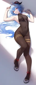 1girl ahoge arm_up armpits bare_shoulders black_leotard black_pantyhose blue_hair bodystocking_only breasts collarbone covered_collarbone covered_navel full_body ganyu__genshin_impact genshin_impact goat_horns groin hair_between_eyes hand_up high_heels highleg highleg_leotard holding holding_own_hair horns knee_up legs leotard leotard_under_clothes leviathan__hikinito0902 long_hair looking_at_viewer lying medium_breasts no_bra on_back pantyhose parted_lips shadow sideboob skin_tight smile solo sunlight very_long_hair