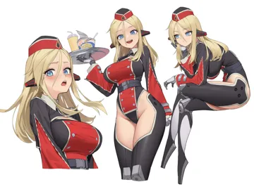1girl beret black_leotard blonde_hair blue_eyes breasts buttons double_breasted hat highleg highleg_leotard holding holding_tray invisible_chair leotard long_hair looking_at_viewer looking_to_the_side mechanical_arms mechanical_legs multiple_views open_mouth red_hat robot_girl simple_background sitting smile thighs travel_attendant tray white_background xzu