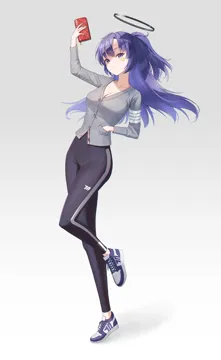 1girl alternate_costume breasts buttons cleavage closed_mouth facial_mark fingernails full_body grey_background grey_jacket halo hand_in_pocket holding holding_wallet jacket leggings long_hair long_sleeves looking_at_viewer mechanical_halo medium_breasts ponytail purple_eyes purple_hair shoes simple_background smile sneakers solo standing standing_on_one_leg star__symbol wallet nasol blue_archive yuuka__blue_archive