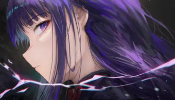 1girl black_background electricity gradient_background high_collar light_particles long_hair looking_at_viewer parted_lips portrait profile purple_eyes purple_hair sidelocks sideways_glance solo yonesdraws genshin_impact raiden_shogun