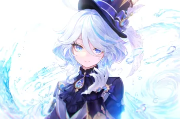 1girl ahoge ascot black_ascot black_shirt blue_bow blue_eyes blue_gemstone blue_hair blue_hat blue_jacket bow closed_mouth collared_jacket eyelashes gem gloves gold_trim hair_between_eyes hand_up hat hat_bow heterochromia jacket long_hair long_sleeves looking_at_viewer mismatched_pupils multicolored_hair ponytail purple_gemstone shirt simple_background smile solo top_hat two_tone_hair upper_body vest water white_background white_gloves white_hair white_vest adelie_cat genshin_impact furina__genshin_impact