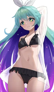 1girl arm_behind_head bikini black_bikini blush breasts collarbone colored_inner_hair cowboy_shot frilled_bikini frills gradient_hair long_sleeves looking_at_viewer medium_breasts multicolored_hair navel off_shoulder purple_hair see_through_clothes see_through_shirt shirt simple_background smile solo star_shaped_pupils star__symbol starry_hair stomach swimsuit symbol_shaped_pupils teeth white_background nasol