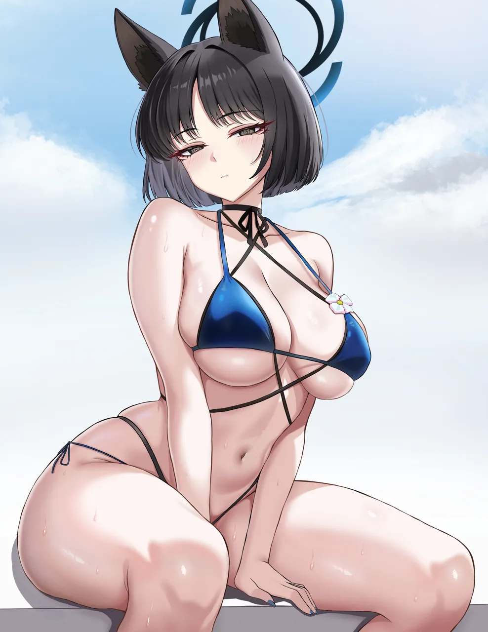 1girl animal_ears bikini black_choker black_eyes black_hair blue_bikini blue_halo blue_nails blush breasts choker closed_mouth halo large_breasts looking_at_viewer nail_polish navel official_alternate_costume short_hair side_tie_bikini_bottom sitting skindentation solo swimsuit thighs underboob lansulynn blue_archive kikyou__blue_archive kikyou__swimsuit__blue_archive