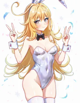 1girl alternate_costume animal_ear_hairband animal_ears black_bow black_bowtie blonde_hair bow bowtie breasts cowboy_shot detached_collar double_v fake_animal_ears grey_eyes hairband leotard medium_breasts playboy_bunny rabbit_ears shiny_clothes skindentation solo strapless strapless_leotard thighhighs w_arms white_leotard white_thighhighs wrist_cuffs so2mizura genshin_impact escoffier__genshin_impact